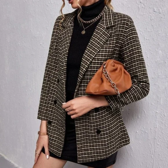 chic double breasted houndstooth & plaid print blazer classy business - Picture 2 of 5